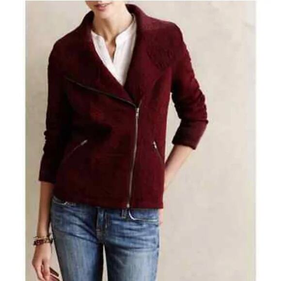 Anthropologie Saturday Sunday Loren Moto Zip Jacket Blazer Sweater In Burgundy S - Picture 2 of 14